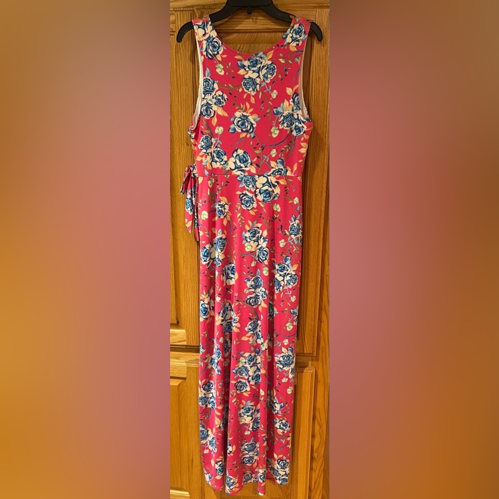 Gilli Maternity Bright Pink Floral Faux‎ Wrap w/Tie Stretchy Maxi Dress Sz Small - Picture 7 of 10